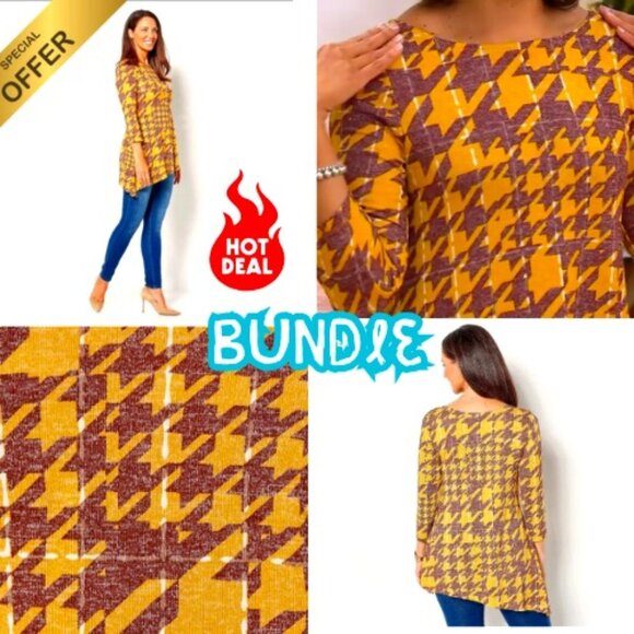 4 Pack Bundle Attitudes by Renee Cask nit Houndstooth Asymmetric Top Mustard - Picture 1 of 4